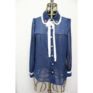 NEW Sister Jane Blue Swiss Polka Dot Bow Button Collared Blouse Shirt Medium